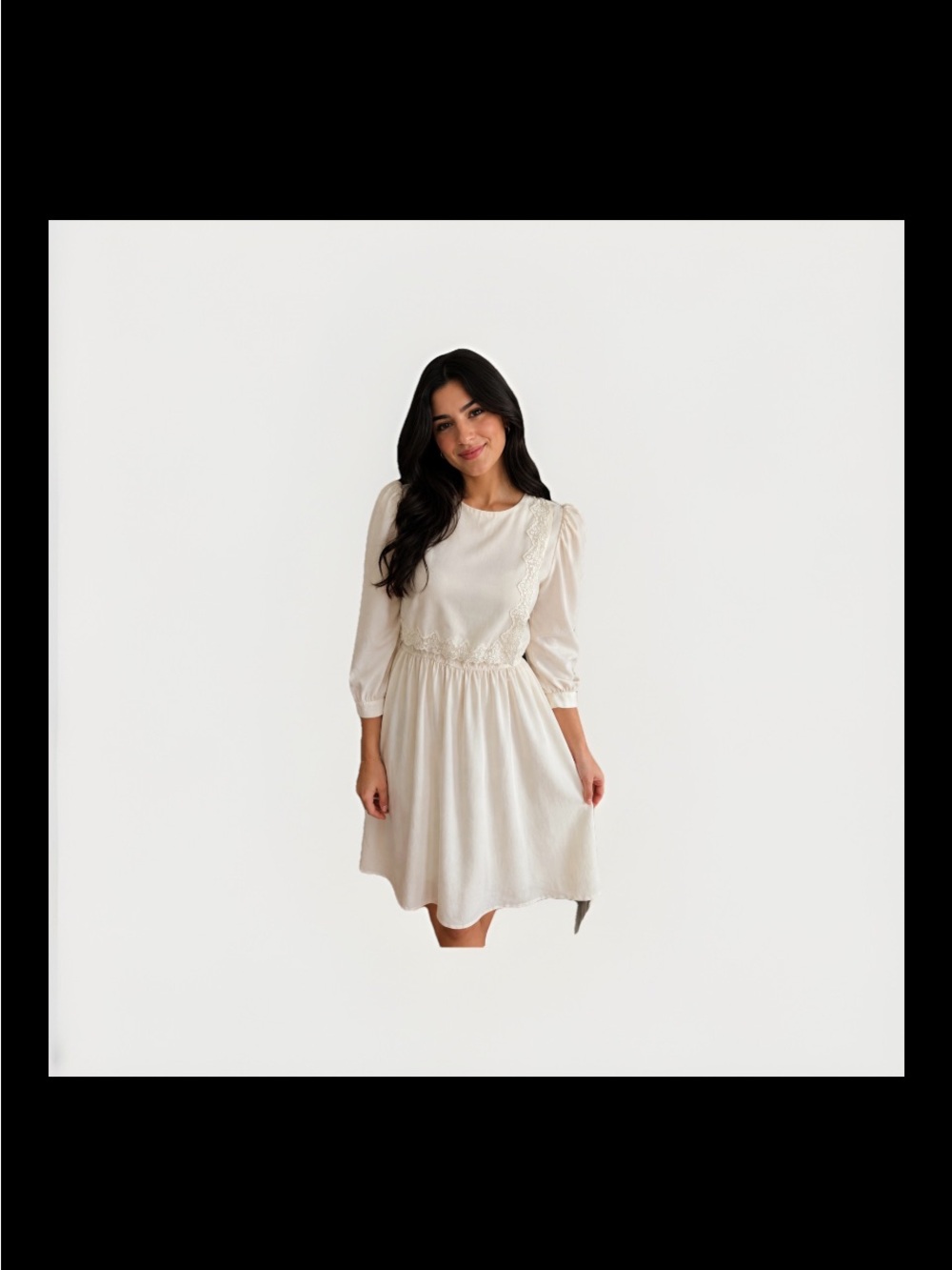 Vintage REO Lace-Trim Cream Midi Dress with Long Sleeves